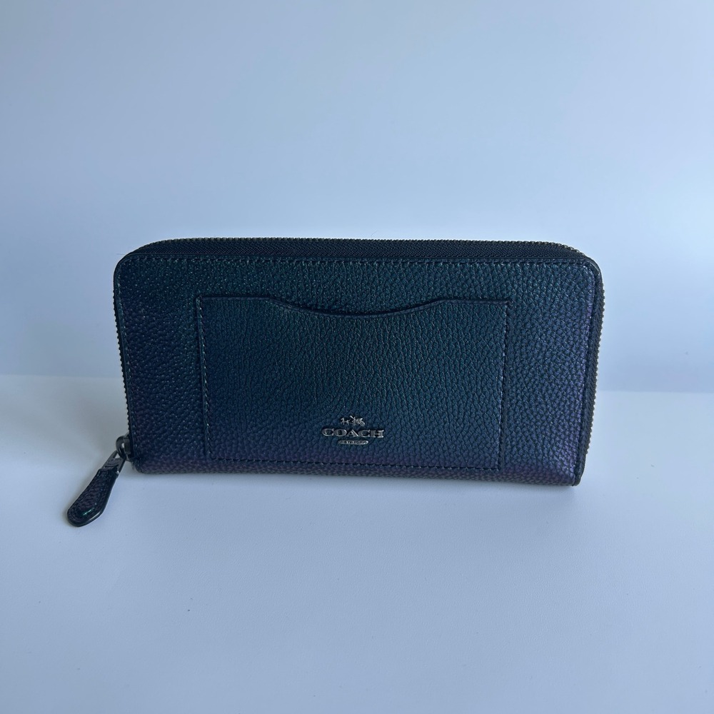 Coach Accordion Zip Around Metallic Green Crossgrain Leather Wallet F54007